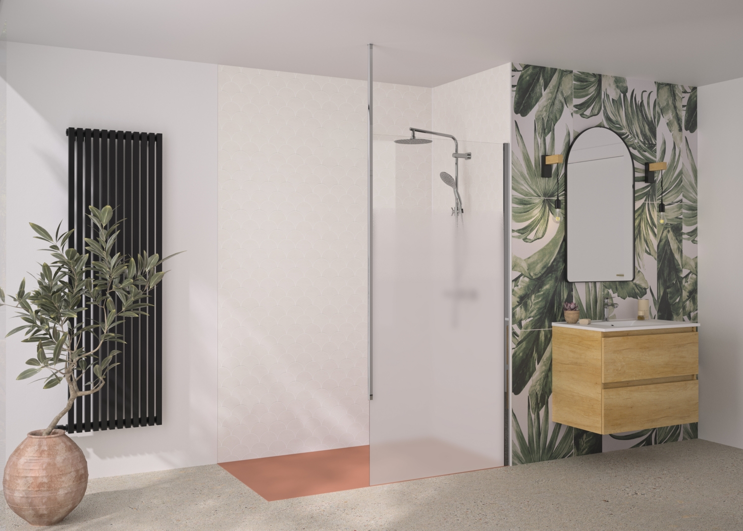 Paroi fixe Solo 6+ Walk-In Essentiel - Profil chromé verre sérigraphié - Mât fixation plafond Kinedo