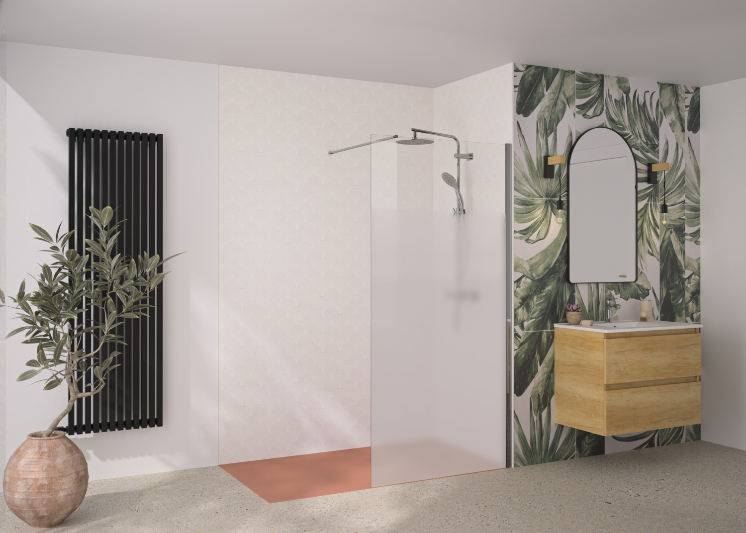 Paroi fixe Solo 6+ Walk-In Essentiel - Profil chromé verre sérigraphié - Avec barre droite Kinedo