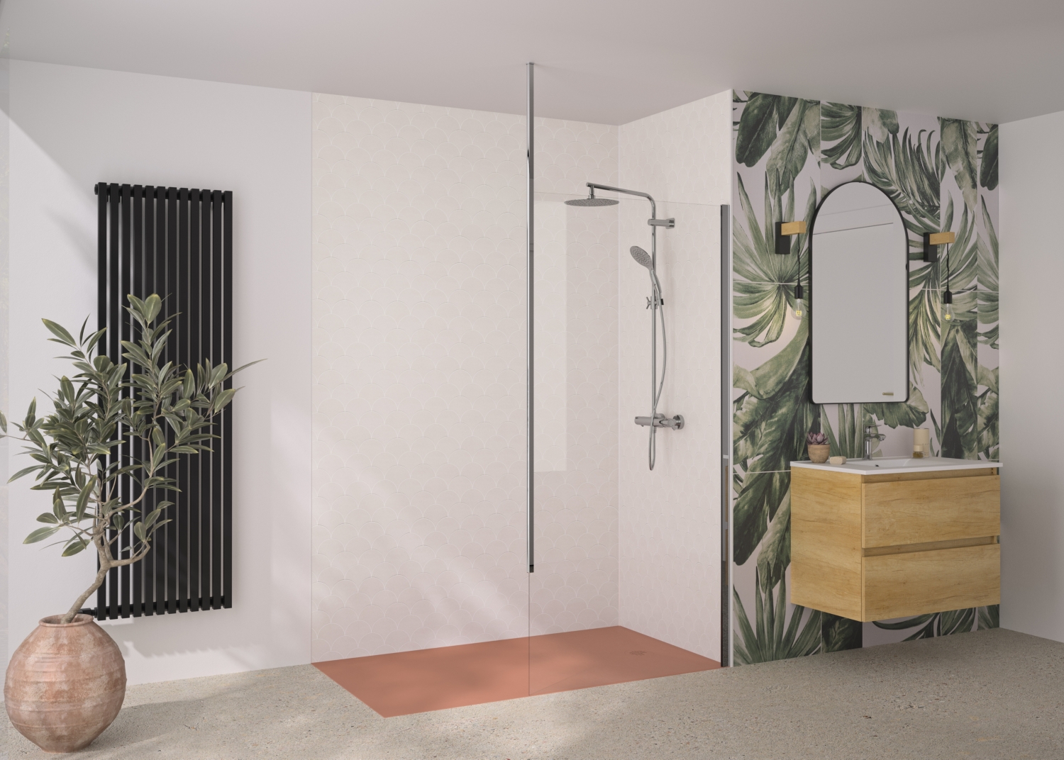Paroi fixe Solo 6+ Walk-In Essentiel - Profil chromé verre transparent - Mât fixation plafond Kinedo