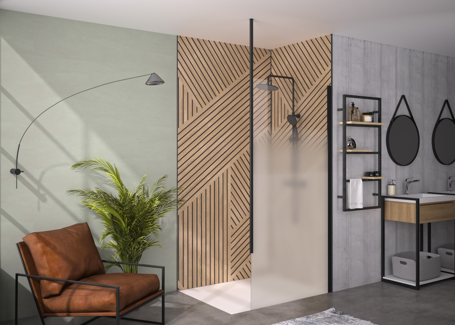 Paroi fixe Solo 6+ Walk-In Essentiel - Profil noir mat verre sérigraphié - Mât fixation plafond Kinedo