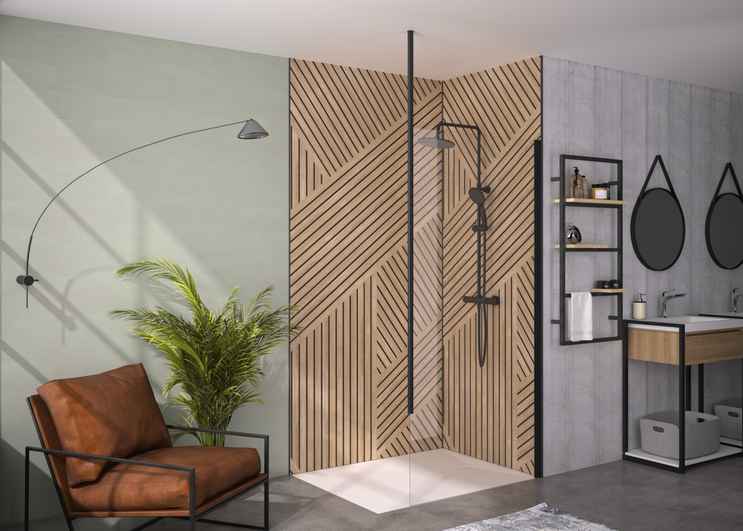 Paroi fixe Solo 6+ Walk-In Essentiel - Profil noir mat verre transparent - Mât fixation plafond Kinedo