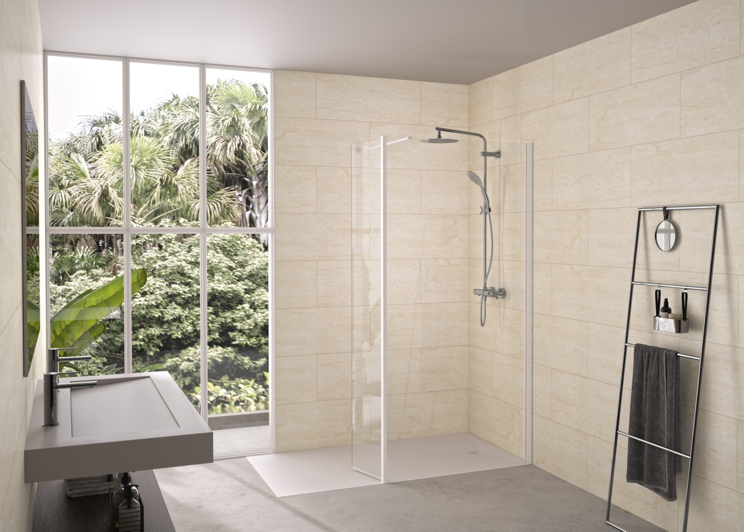Volet de douche Solo 6+ Walk-In Essentiel mobile - Profil blanc grainé verre transparent largeur 350 mm
