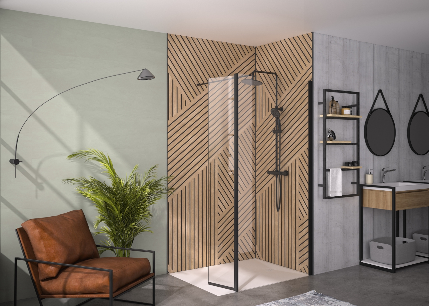 Volet de douche Solo 6+ Walk-In Essentiel mobile - Profil noir mat verre transparent largeur 350 mm