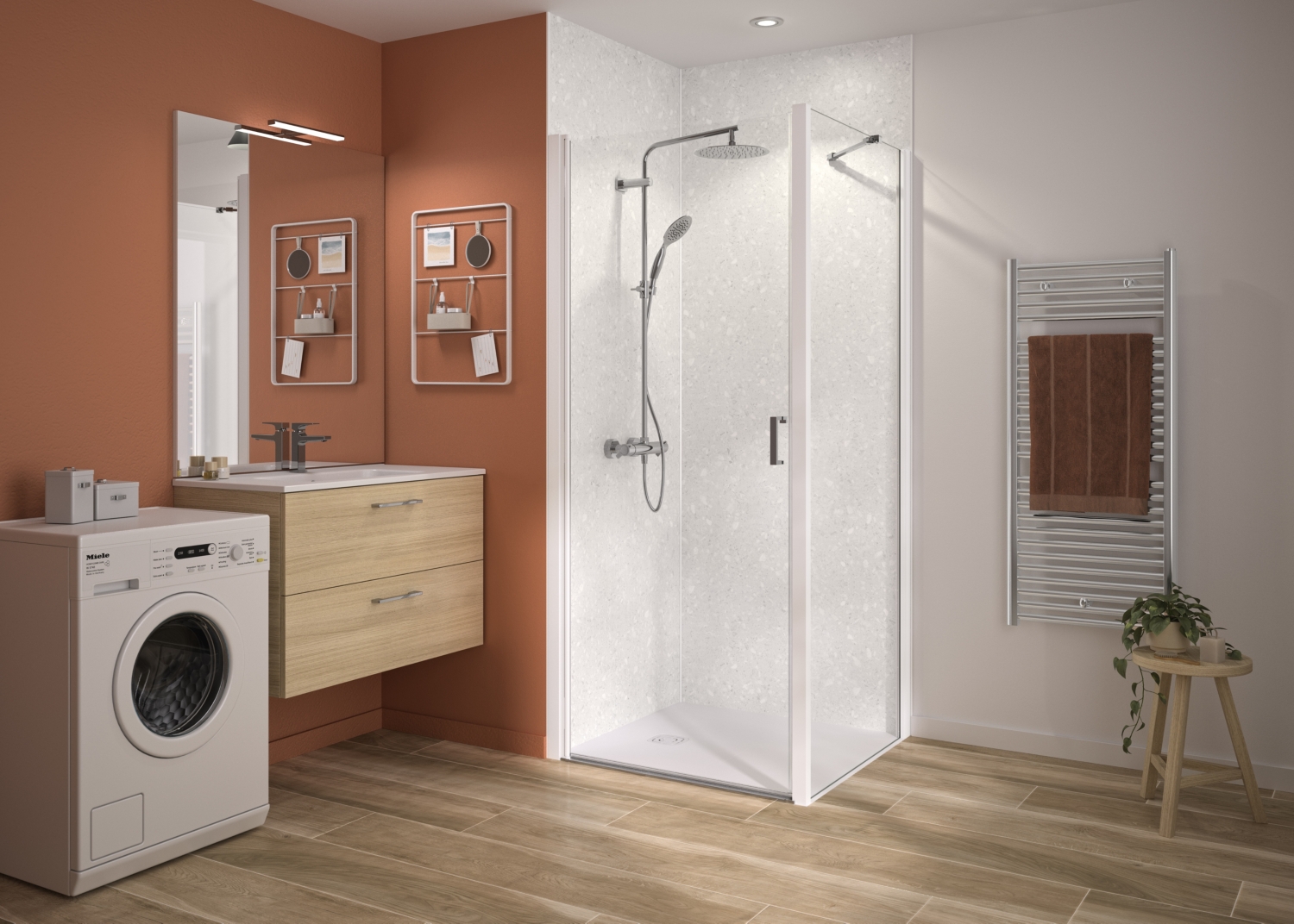 Porte de douche Smart Express+ P pivotante sans seuil accès de face installation d'angle - Profil blanc verre transparent avec élément fixe Kinedo