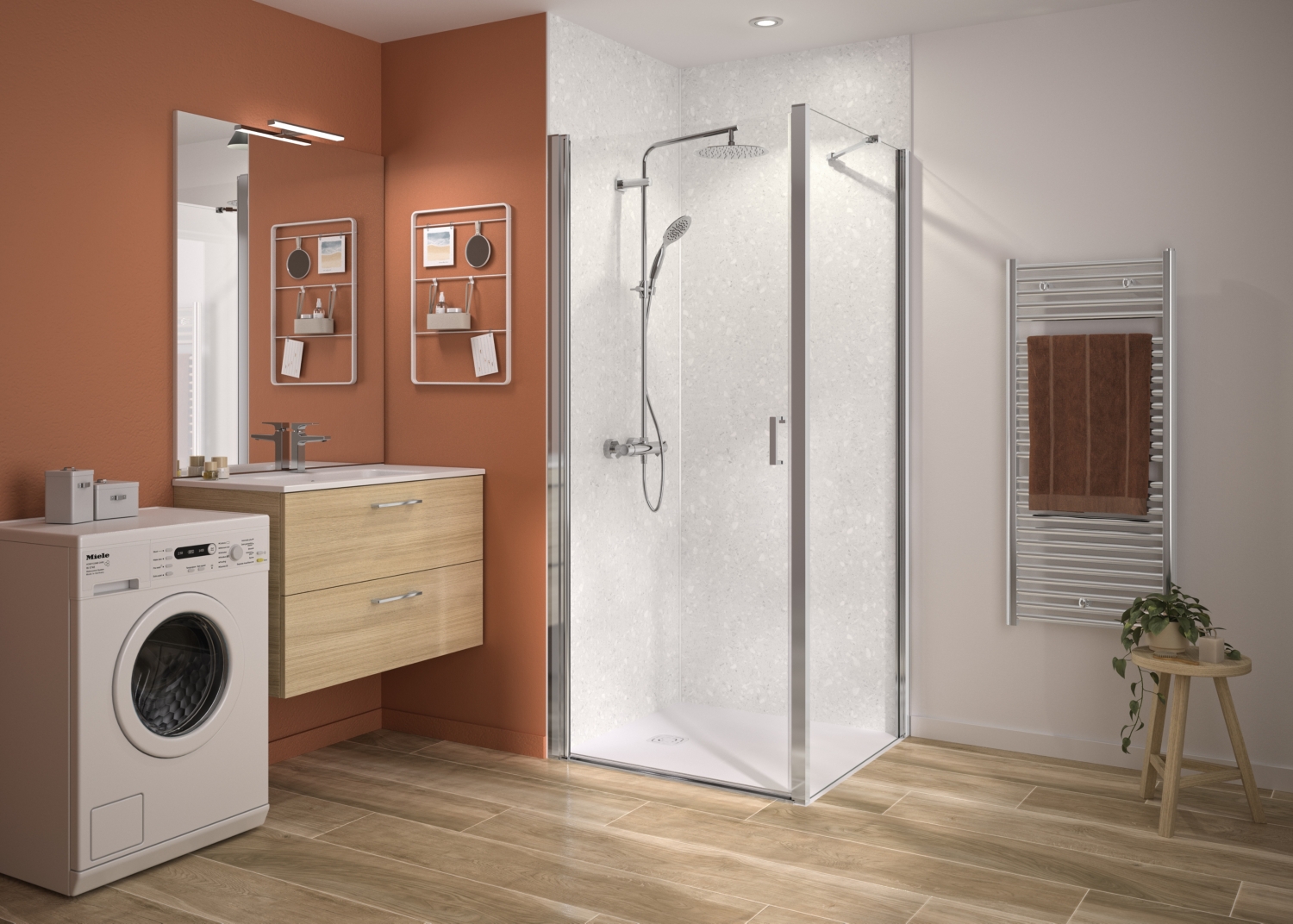 Porte de douche Smart Express+ P pivotante sans seuil accès de face installation d'angle - Profil chromé verre transparent Kinedo