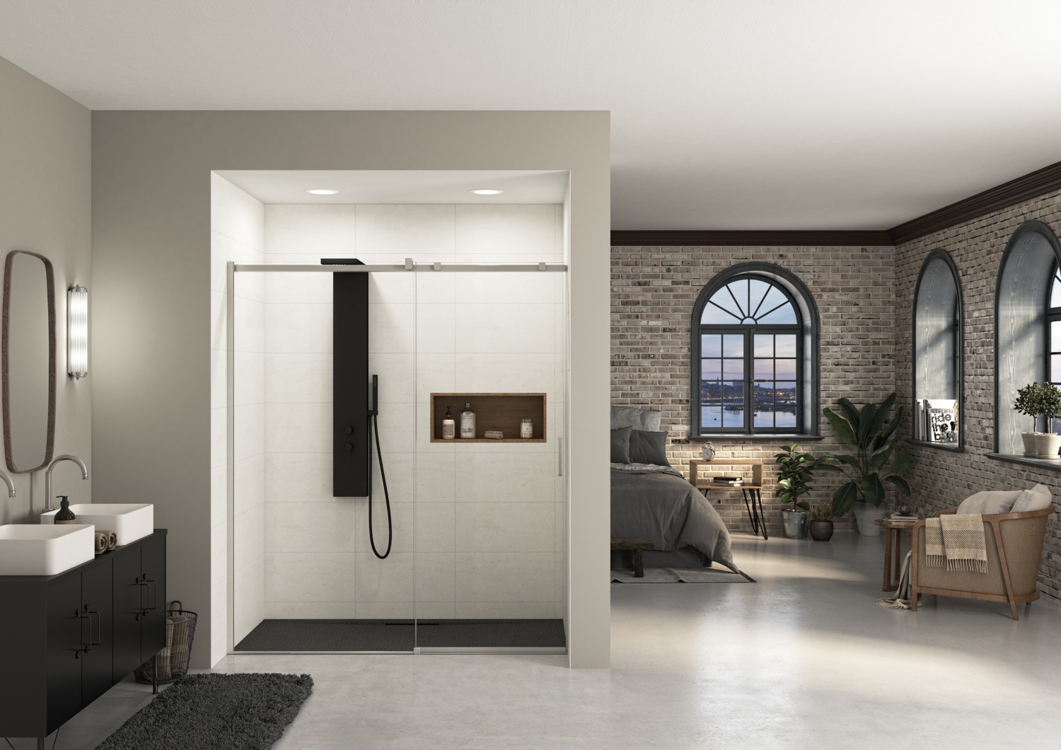 Porte de douche Ekinox C coulissante accès de face - Profil chromé verre transparent avec élément fixe