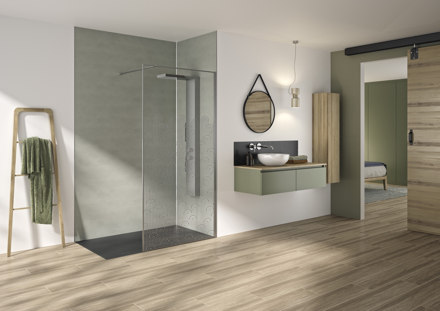 Paroi de douche Solo Graphik solution ouverte - Profil inox brossé verre sérigraphié montage à droite largeur 1400 mm