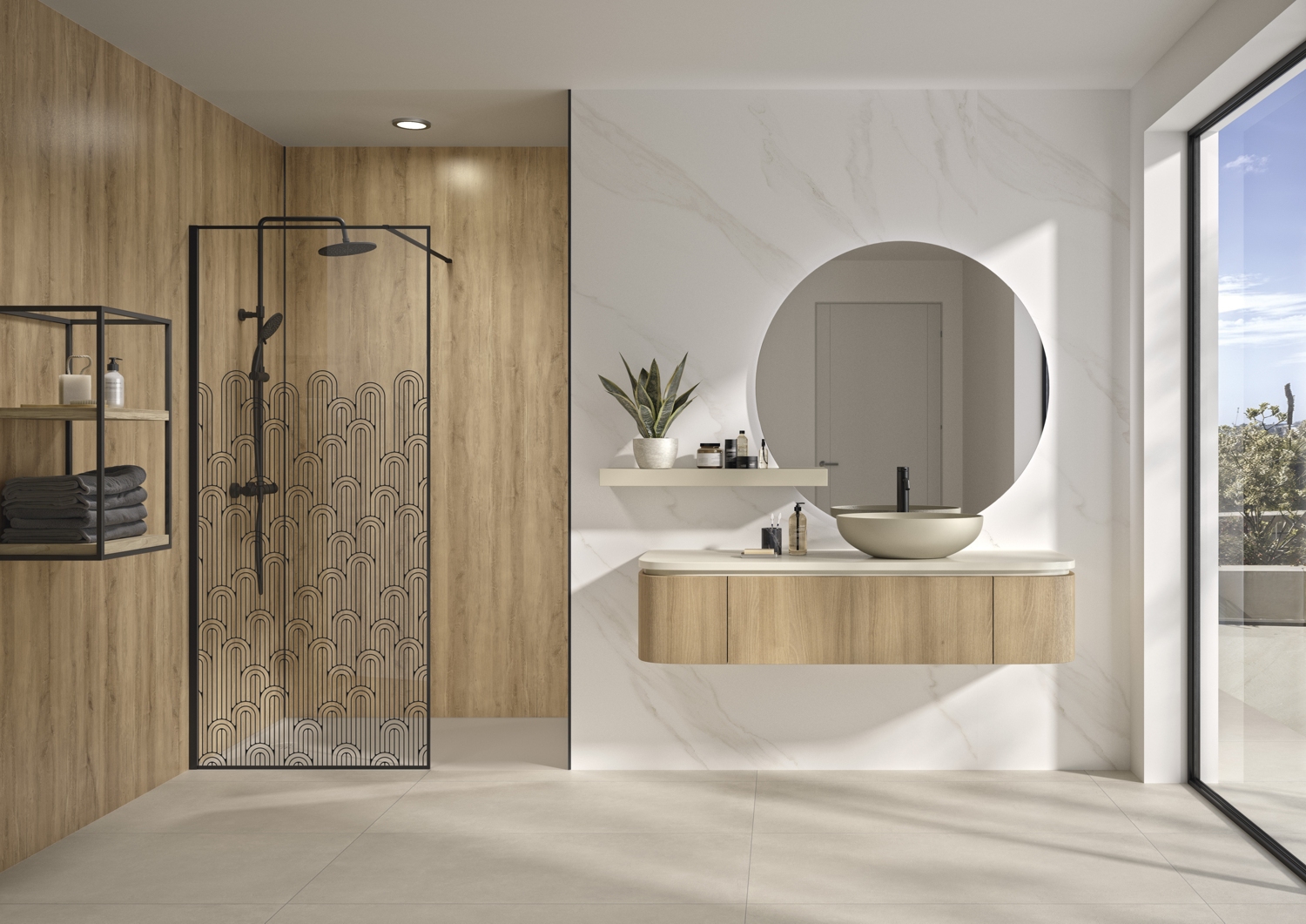Paroi de douche Solo Graphik solution ouverte - Profil noir mat verre sérigraphié montage à gauche largeur 1400 mm