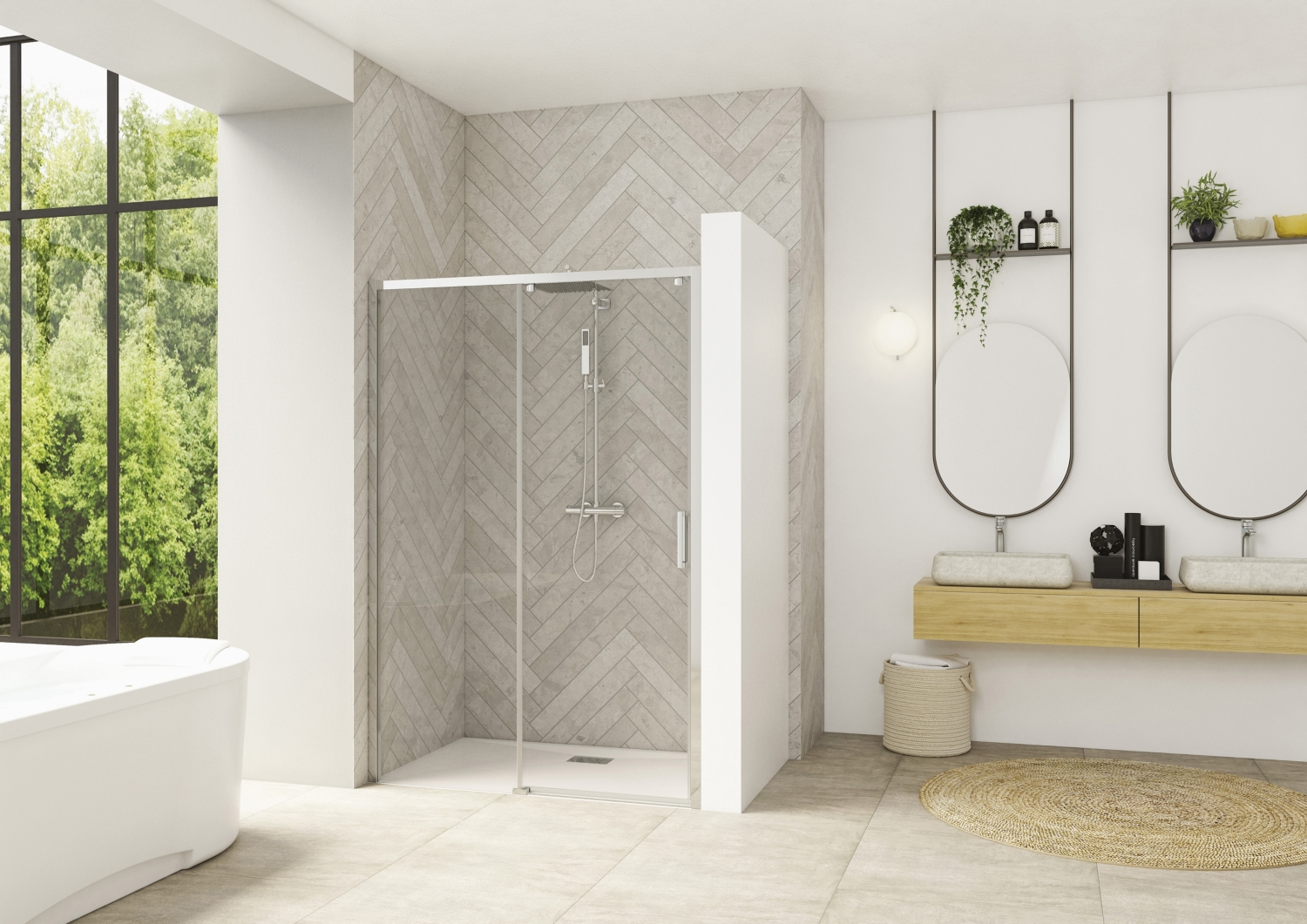 Porte de douche Smart Design C coulissante à droite sans seuil accès de face - Profil chromé verre transparent avec élément fixe