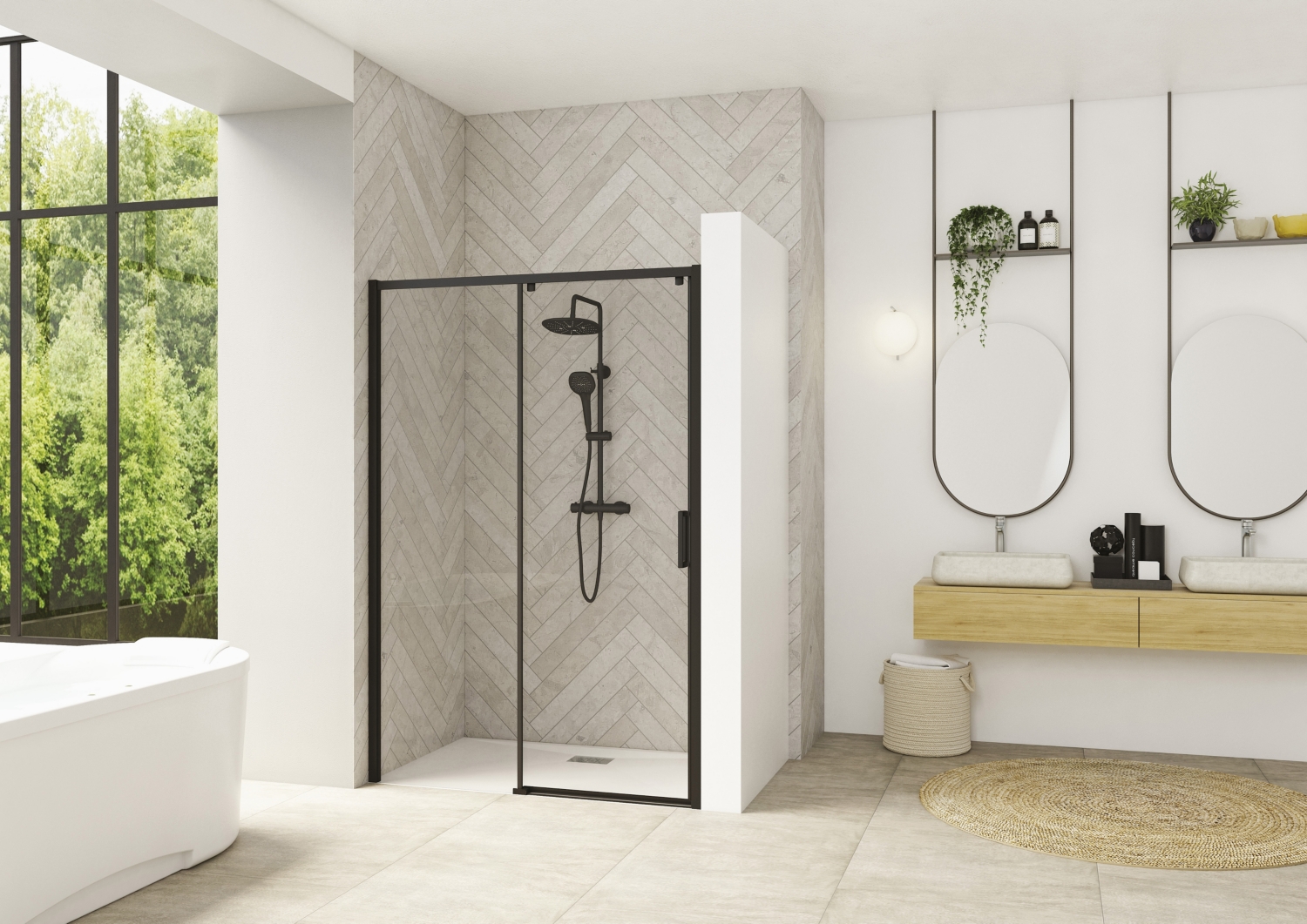 Porte de douche Smart Design C coulissante à droite sans seuil accès de face - Profil gris noir verre transparent avec élément fixe
