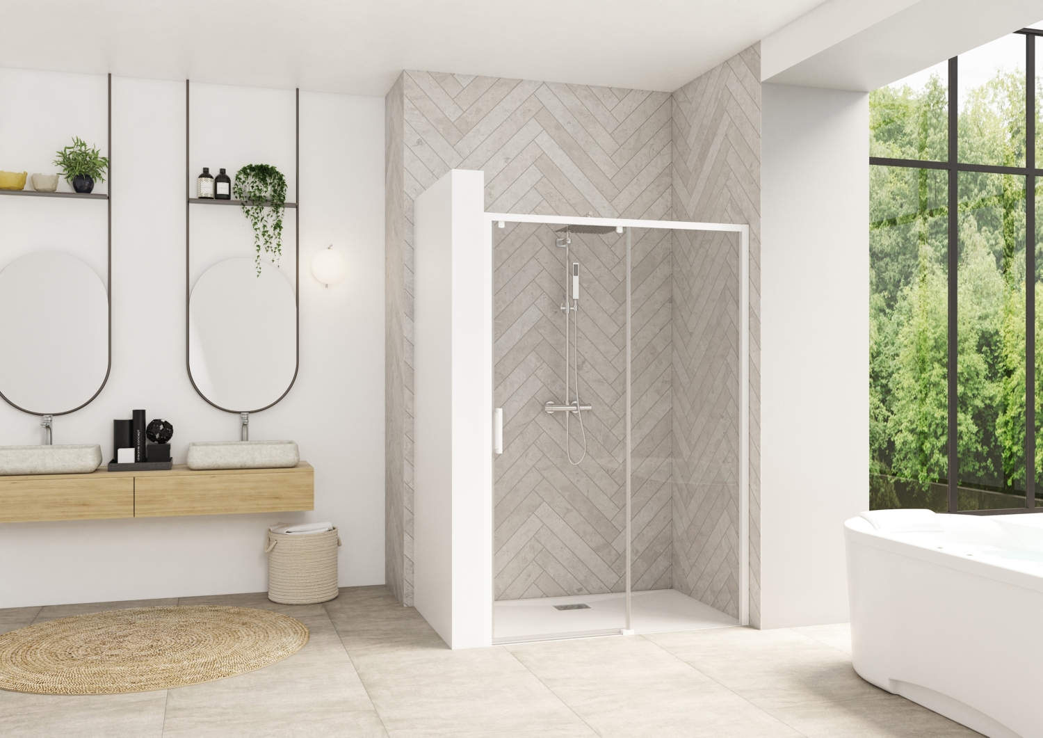 Porte de douche Smart Design C coulissante à gauche sans seuil accès de face - Profil blanc verre transparent avec élément fixe