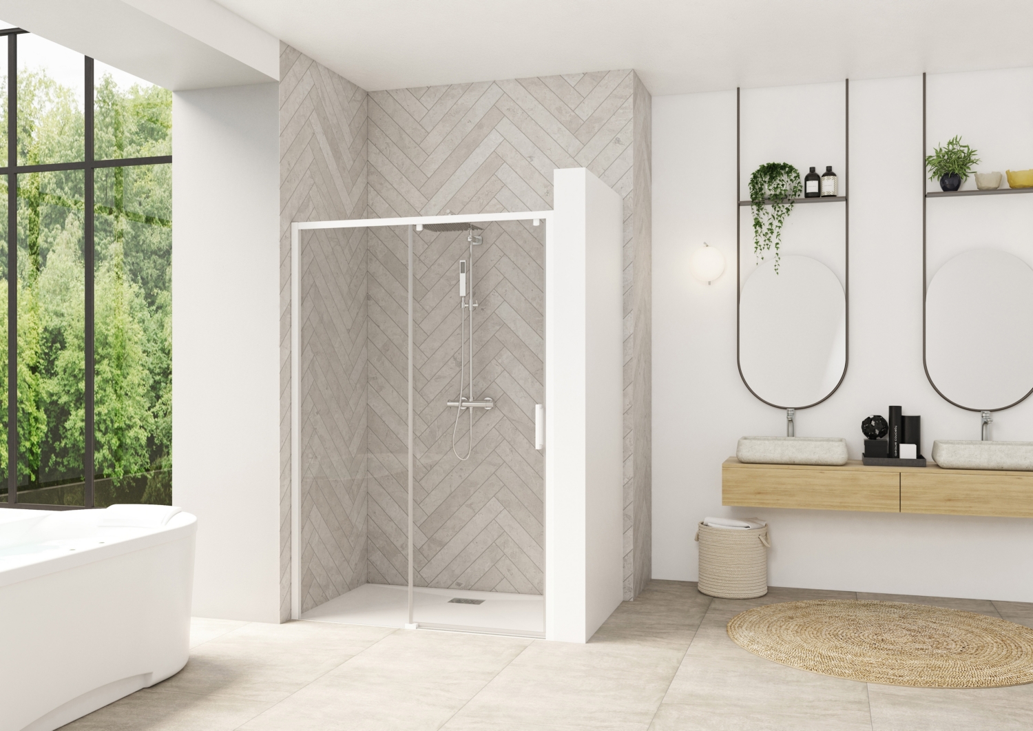 Porte de douche Smart Design C coulissante à droite sans seuil accès de face - Profil blanc verre transparent avec élément fixe