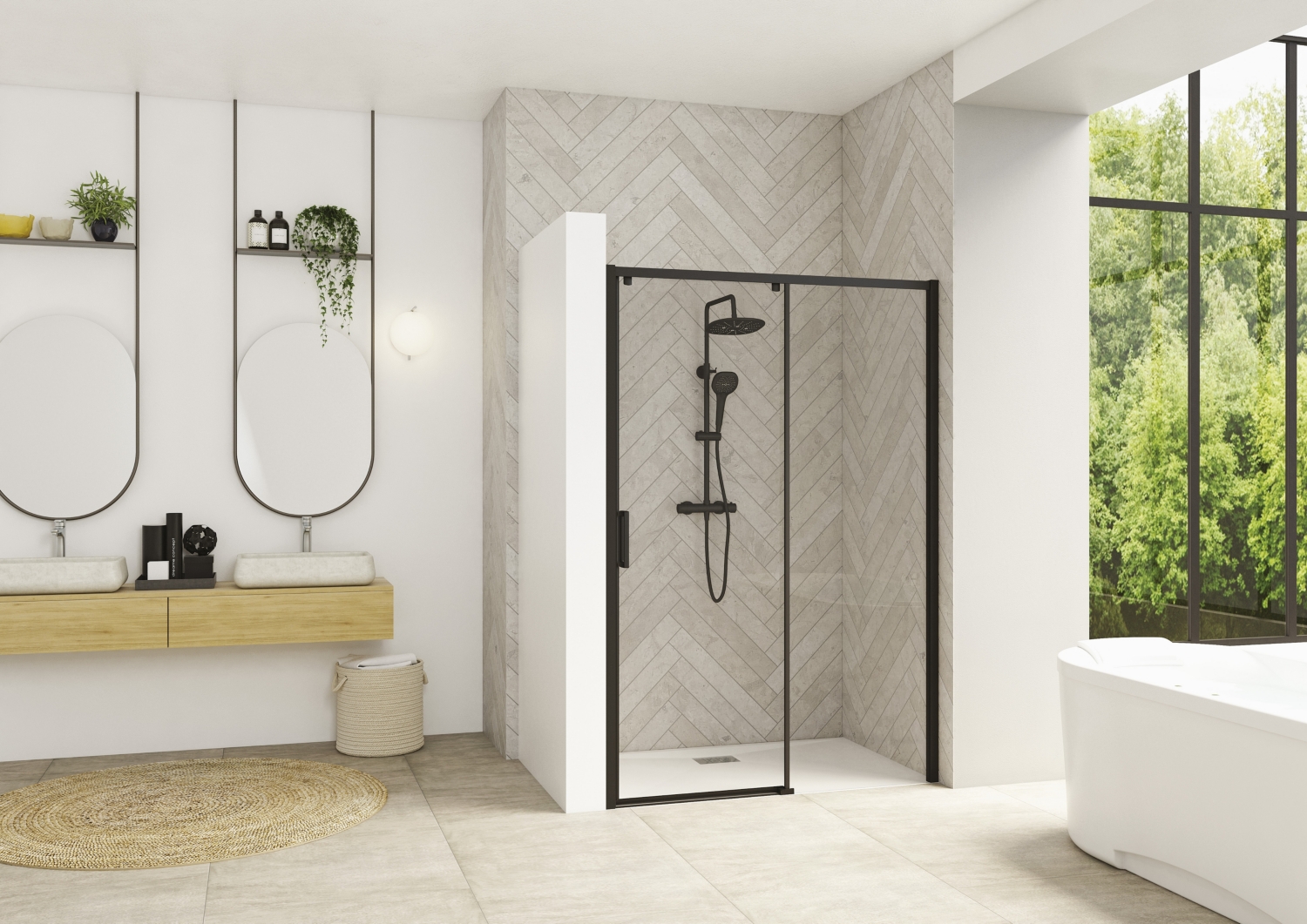 Porte de douche Smart Design C coulissante à gauche sans seuil accès de face - Profil gris noir verre transparent avec élément fixe