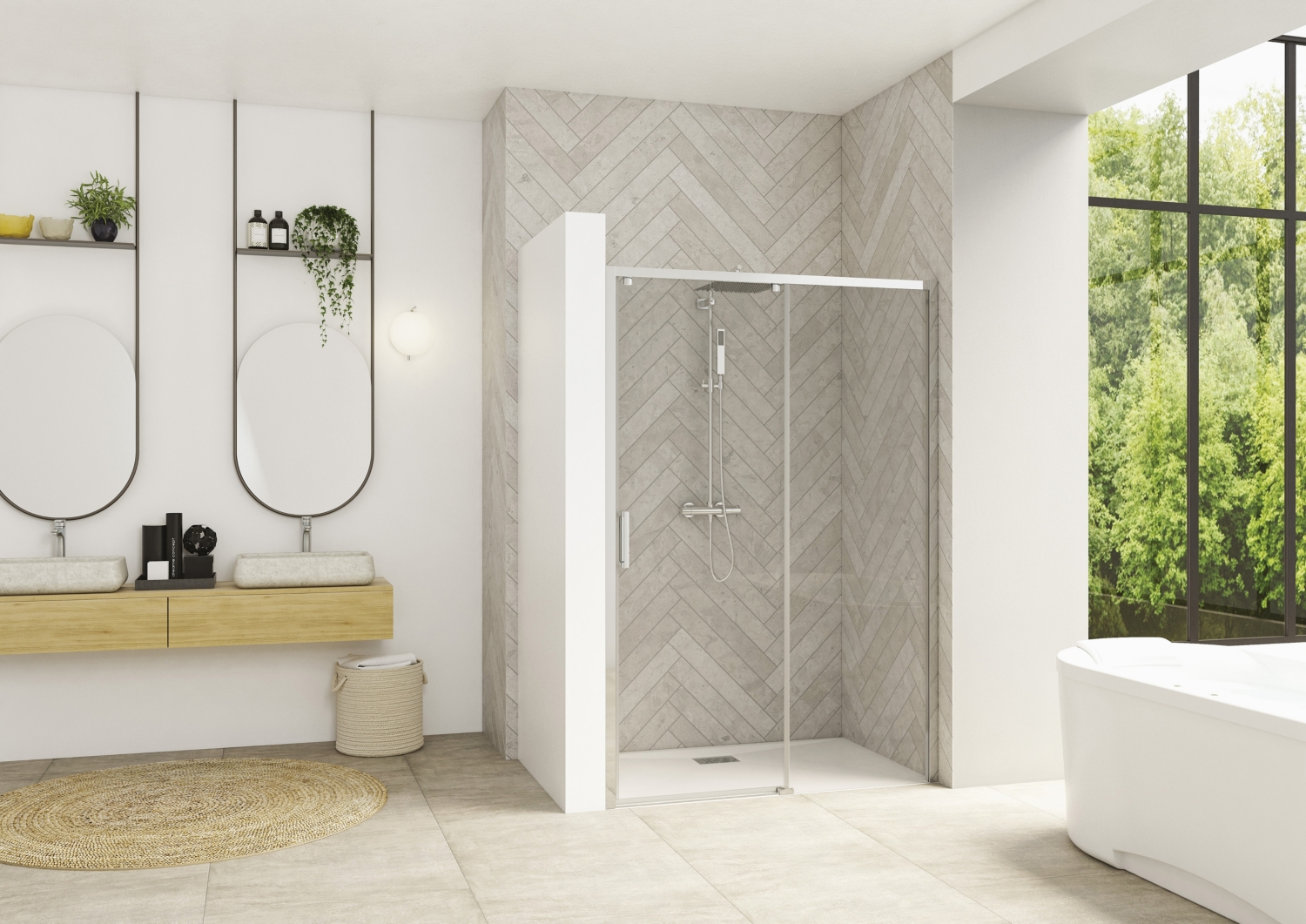 Porte de douche Smart Design C coulissante à gauche sans seuil accès de face - Profil chromé verre transparent avec élément fixe