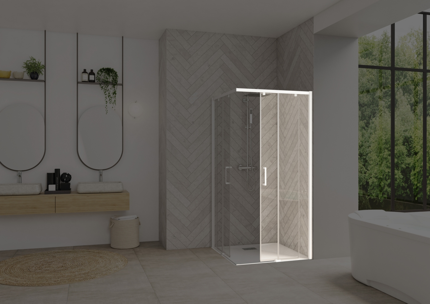Porte de douche Smart design A/C coulissante à gauche accès d'angle - Profil blanc verre transparent avec élément fixe