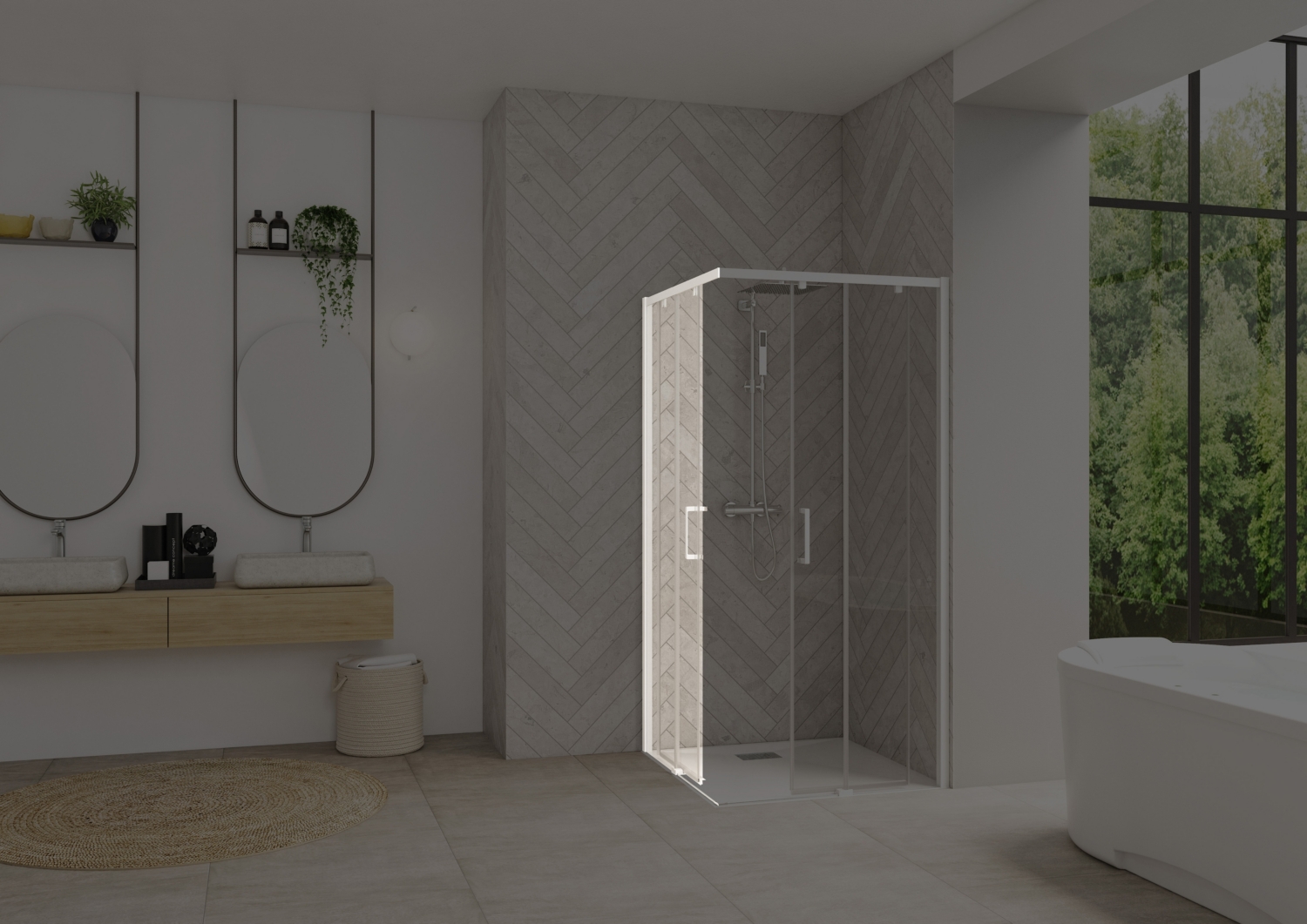 Porte de douche Smart design A/C coulissante à droite accès d'angle - Profil blanc verre transparent avec élément fixe