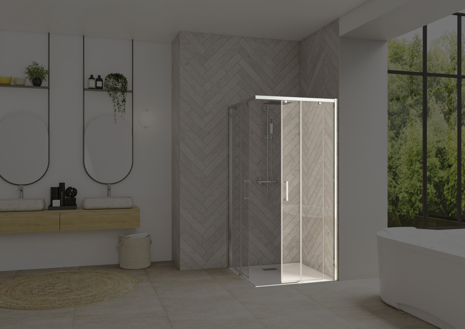 Porte de douche Smart design A/C coulissante à gauche accès d'angle - Profil chromé verre transparent avec élément fixe