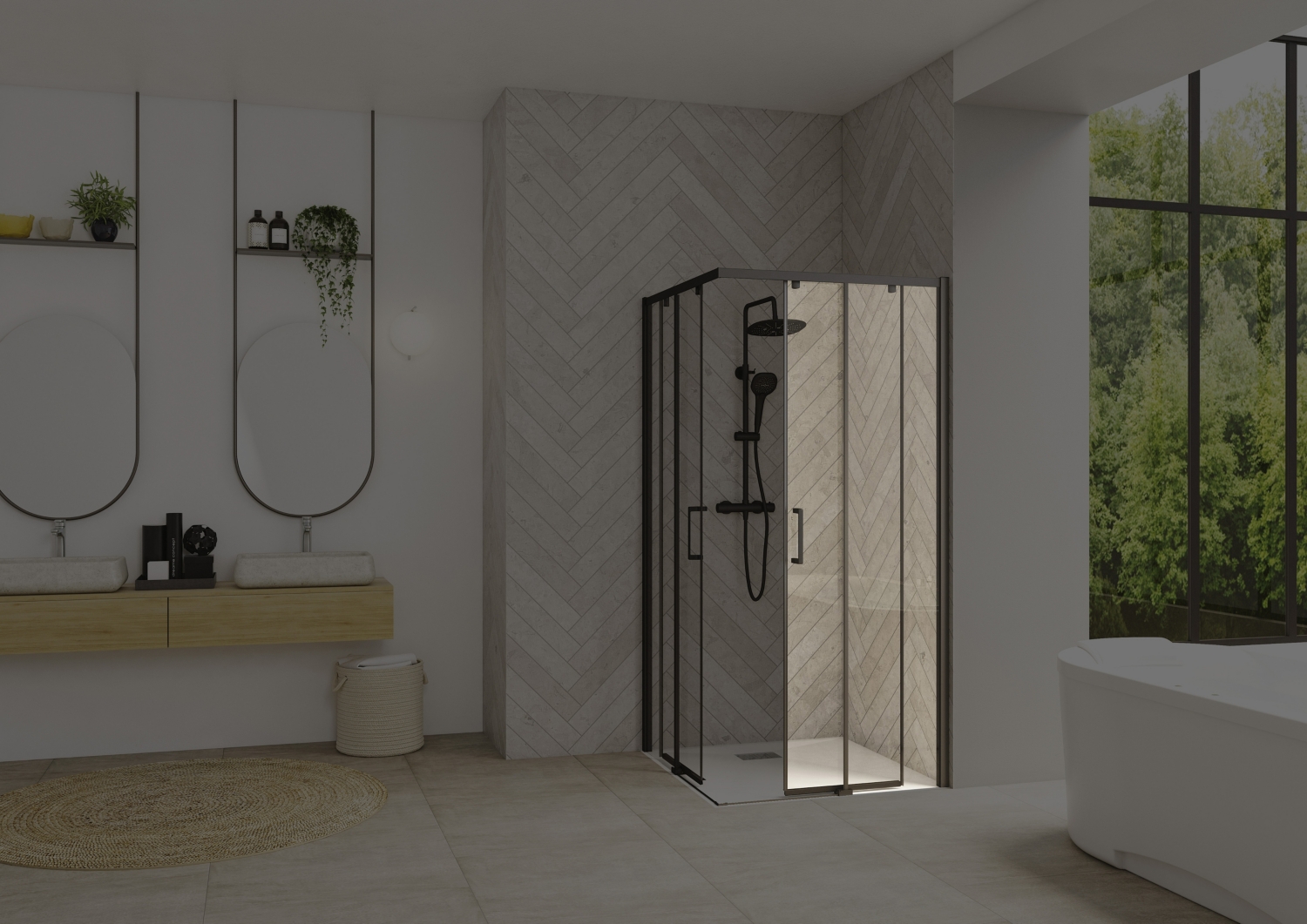 Porte de douche Smart design A/C coulissante à gauche accès d'angle - Profil gris noir verre transparent avec élément fixe