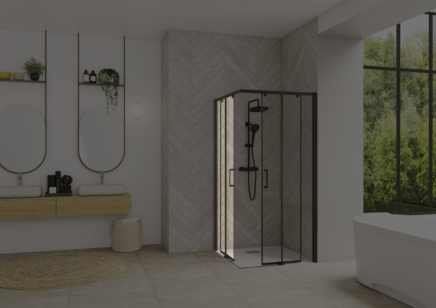 Porte de douche Smart design A/C coulissante à droite accès d'angle - Profil gris noir verre transparent avec élément fixe
