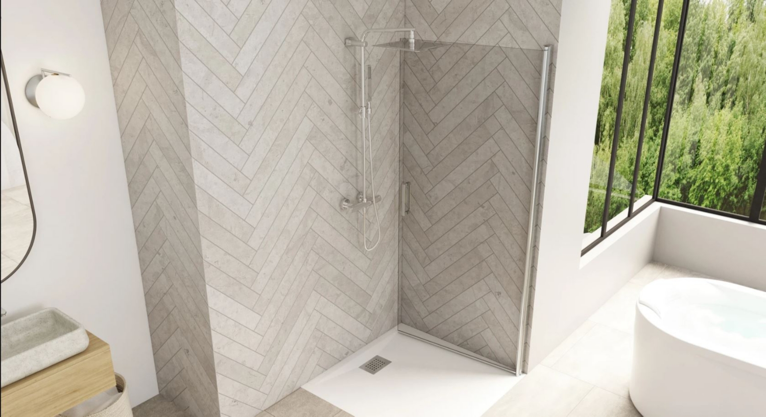 Porte de douche Solo P Walk-In mobile pivotante sans seuil accès de face - Profil chromé verre transparent Kinedo