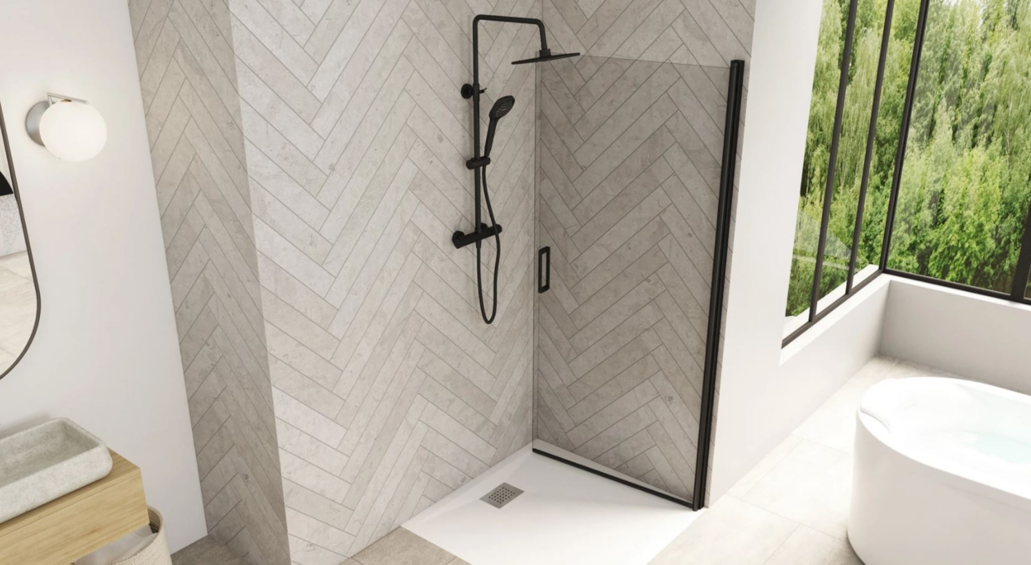 Porte de douche Solo P Walk-In mobile pivotante sans seuil accès de face - Profil gris noir verre transparent Kinedo