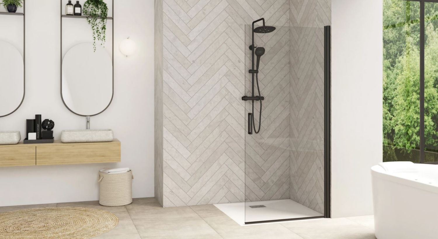 Porte de douche Solo P Walk-In mobile pivotante sans seuil accès de face - Profil gris noir verre transparent Kinedo