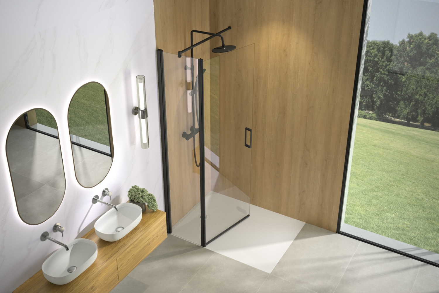 Porte de douche Solo P Walk-In mobile pivotante sans seuil accès de face - Profil gris noir verre transparent avec élément fixe Kinedo