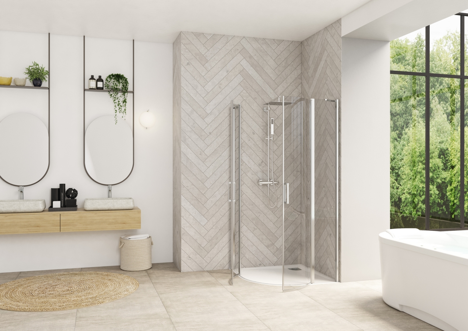 Porte de douche Smart design R/P pivotante 1/4 rond accès d'angle - Profil chromé verre transparent