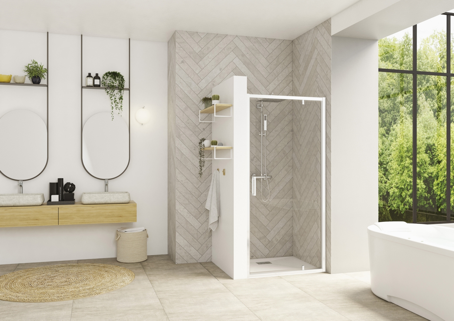 Porte de douche Smart Design pivotante accès de face profil blanc verre transparent PA90202BTNE Kinedo