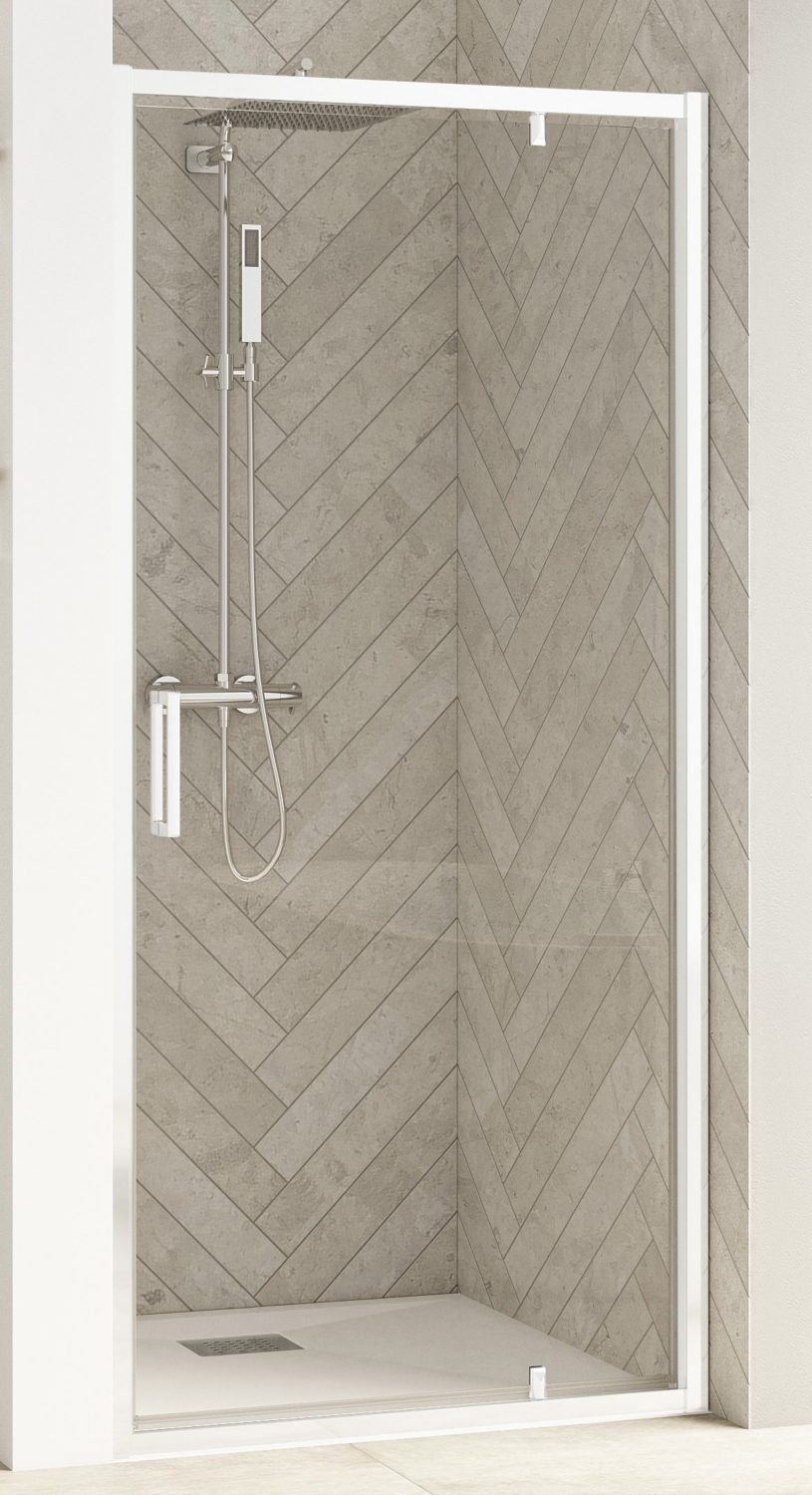  Porte de douche Smart Design pivotante accès de face profil blanc verre transparent PA90202BTNE 