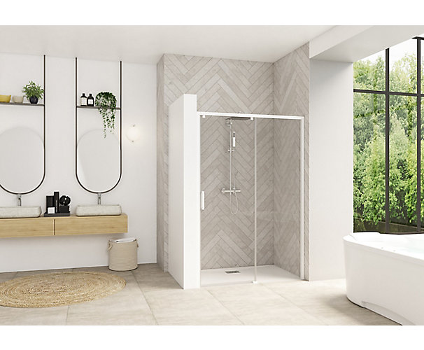 Porte de douche Smart Design pivotante accès de face profil blanc verre transparent PA90202BTNE Kinedo