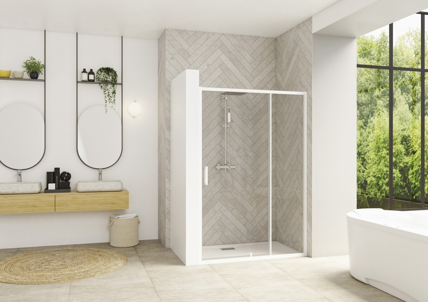 Porte de douche Smart Design pivotante accès de face - Profil blanc verre transparent avec élément fixe Kinedo