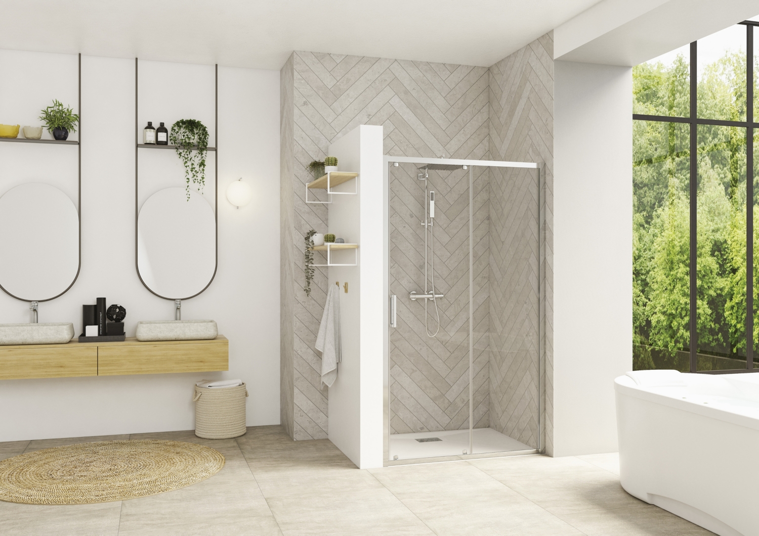 Porte de douche Smart design C coulissante avec seuil accès de face - Profil chromé verre transparent avec élément fixe