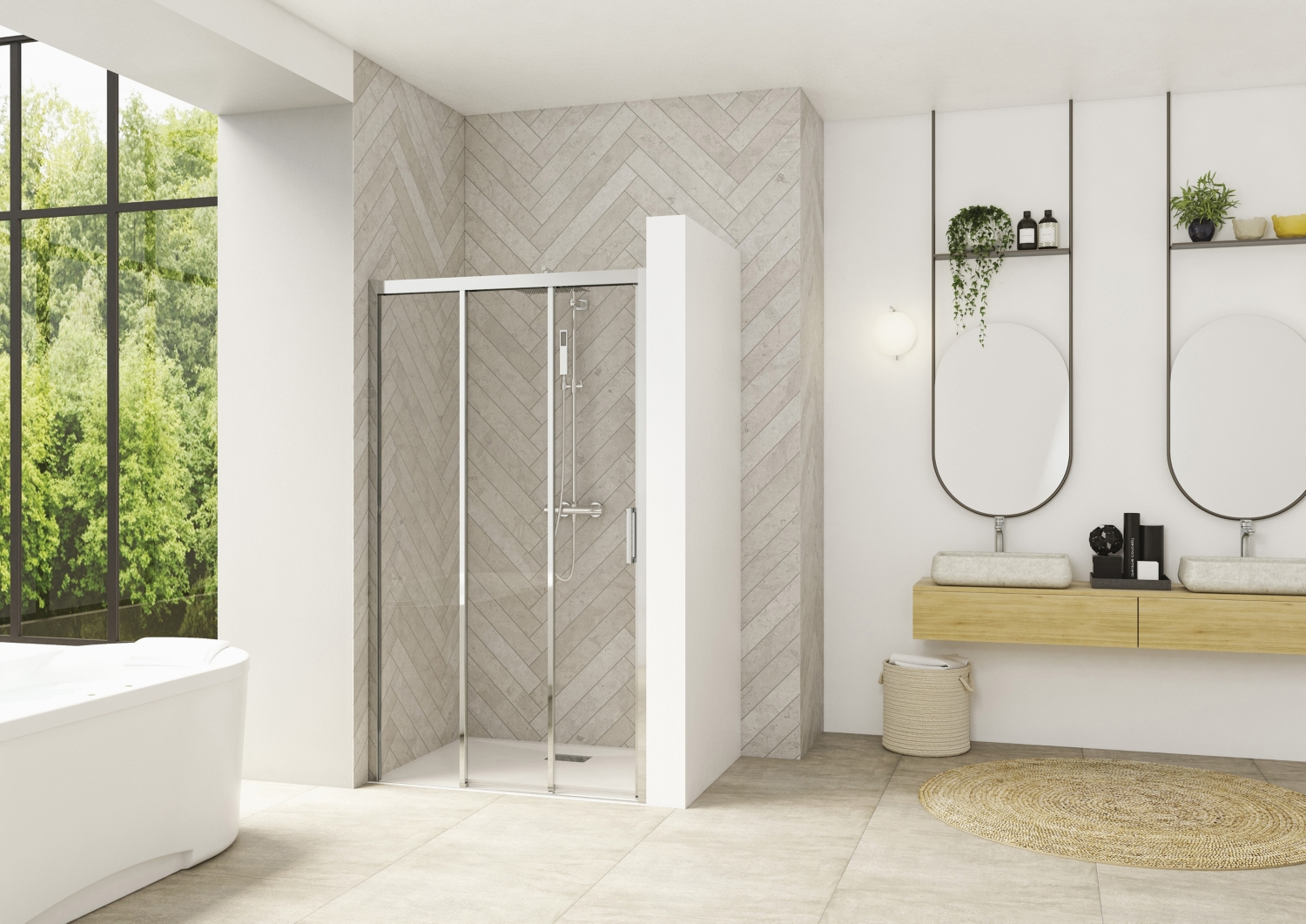 Porte de douche Smart design 3V coulissante à droite sans seuil accès de face - Profil chromé verre transparent avec élément fixe