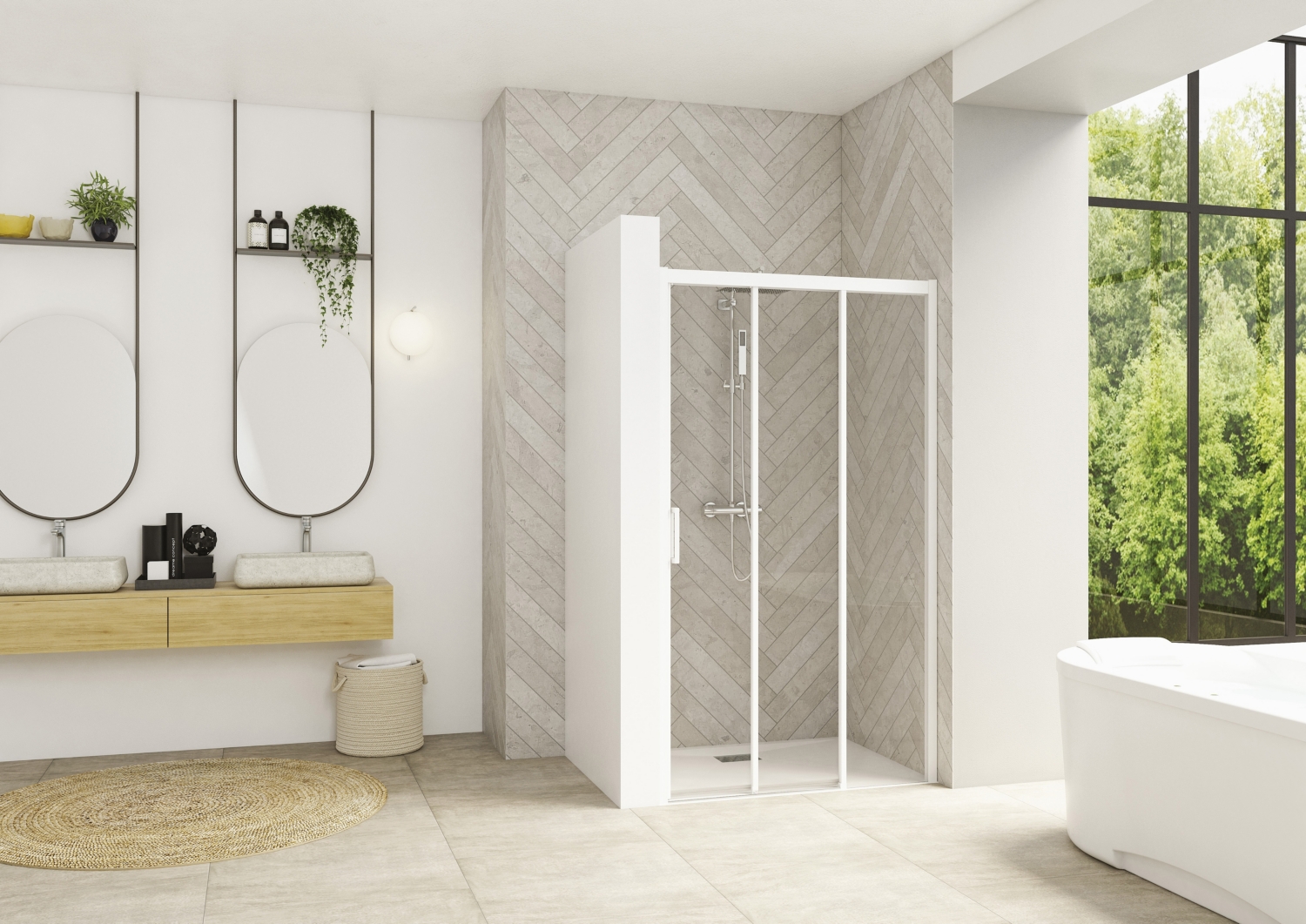 Porte de douche Smart design 3V coulissante à gauche sans seuil accès de face - Profil blanc verre transparent avec élément fixe