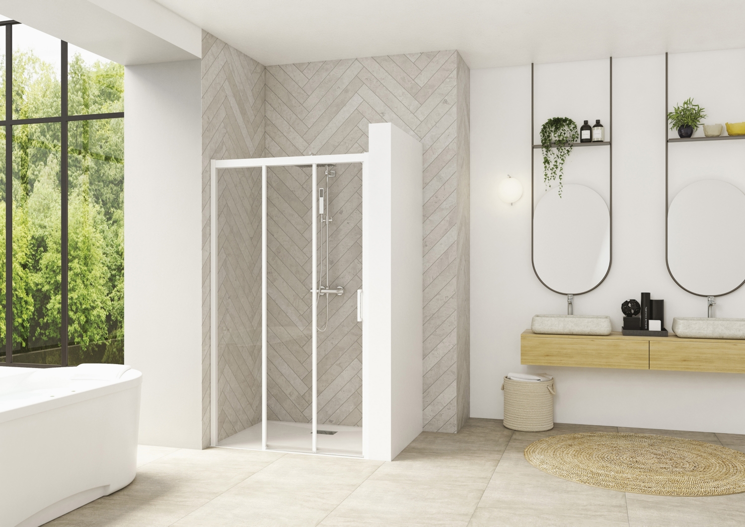 Porte de douche Smart design 3V coulissante à droite sans seuil accès de face - Profil blanc verre transparent avec élément fixe