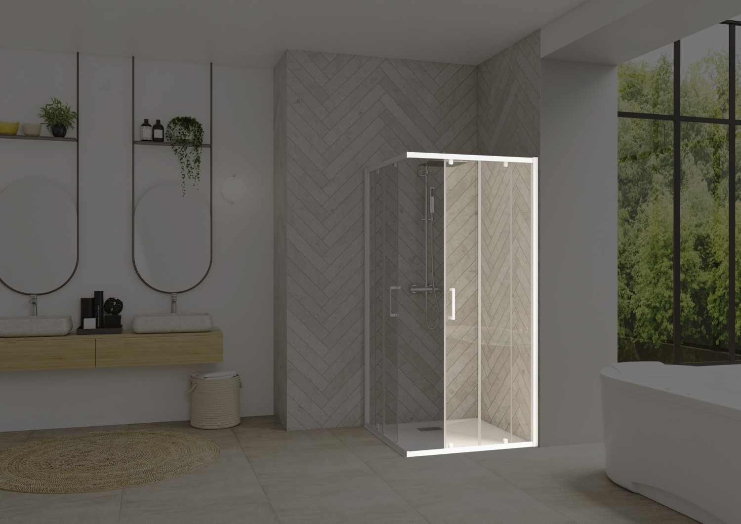 Porte de douche Smart design A/C coulissante à gauche accès d'angle - Profil blanc verre transparent avec élément fixe