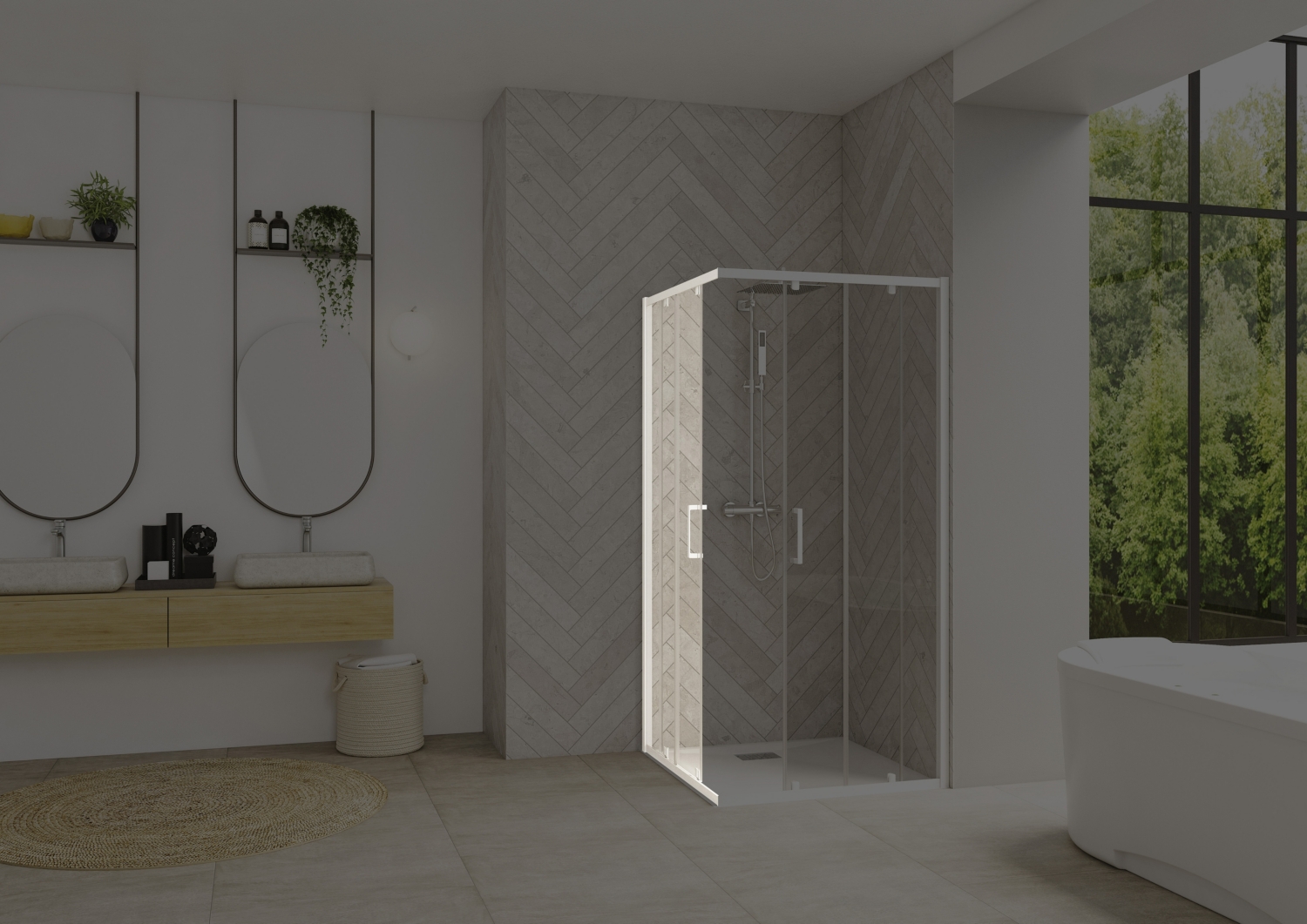 Porte de douche Smart design A/C coulissante à droite accès d'angle - Profil blanc verre transparent avec élément fixe