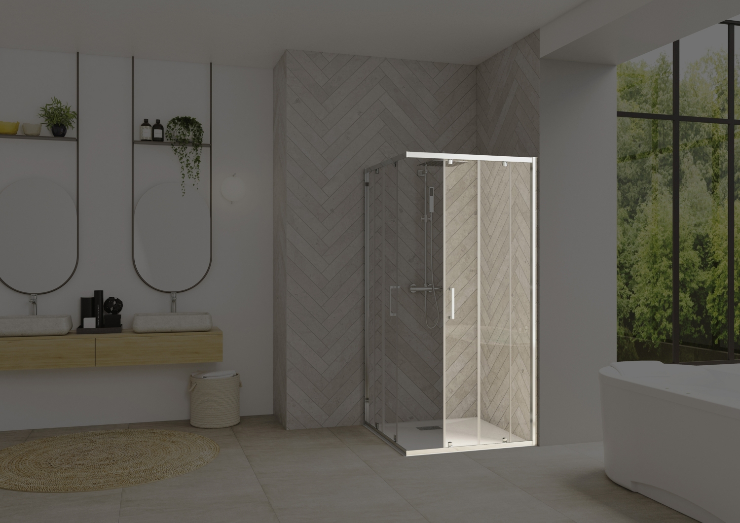 Porte de douche Smart design A/C coulissante à gauche accès d'angle - Profil chromé verre transparent avec élément fixe