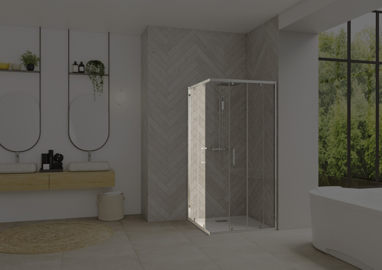 Porte de douche Smart design A/C coulissante à droite accès d'angle - Profil chromé verre transparent avec élément fixe