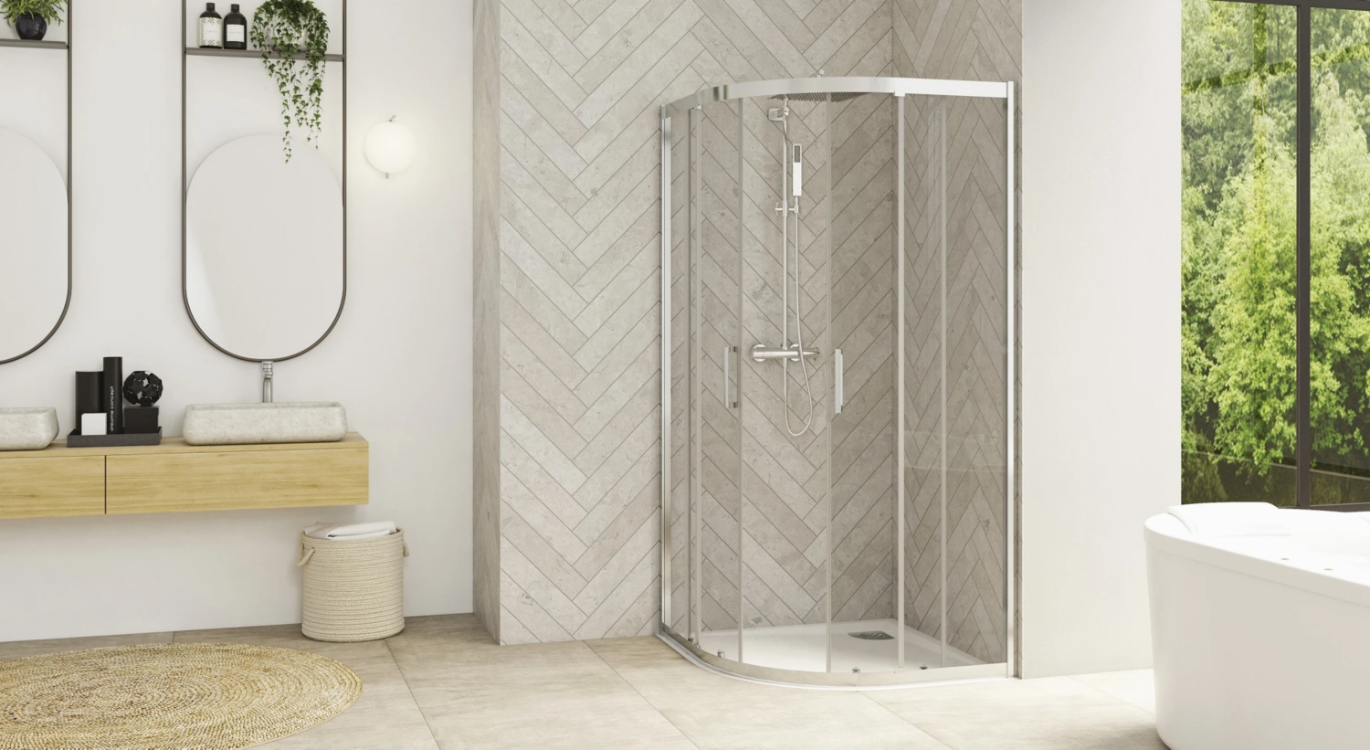 Porte de douche Smart design R/C coulissante accès d'angle - Profil chromé verre transparent avec élément fixe