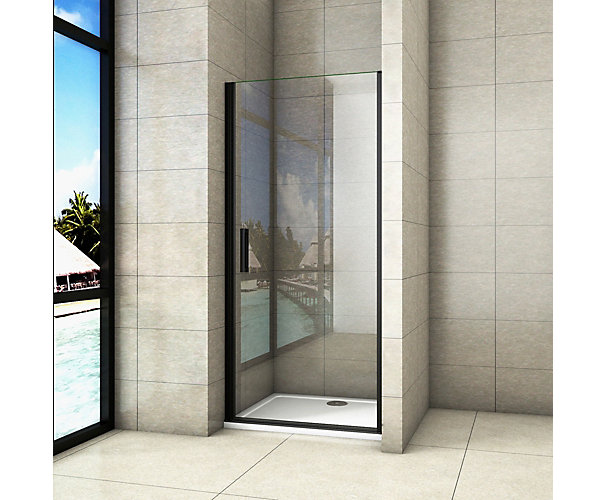Porte de douche Smart Design pivotante accès de face - Profil noir verre transparent Kinedo
