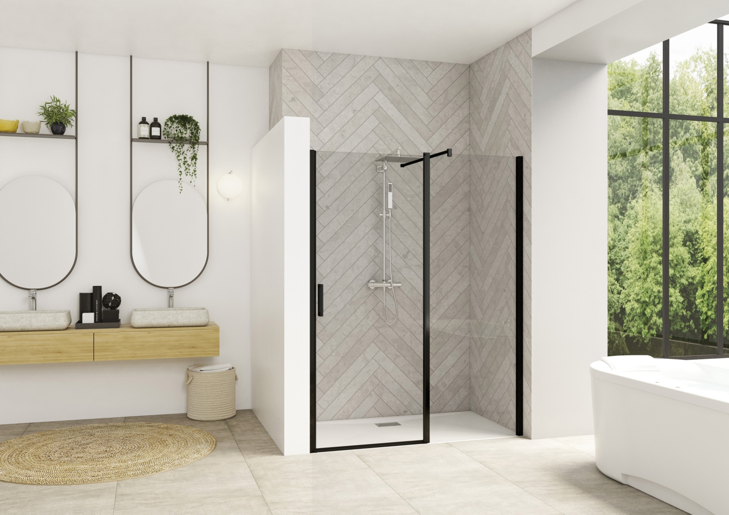 Porte de douche Smart Design P pivotante sans seuil accès de face - Profil gris noir verre transparent avec élément fixe Kinedo