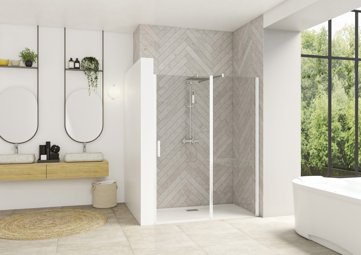 Porte de douche Smart Design Porte Centrale pivotante sans seuil accès de face - Profil blanc verre transparent avec élément fixe Kinedo