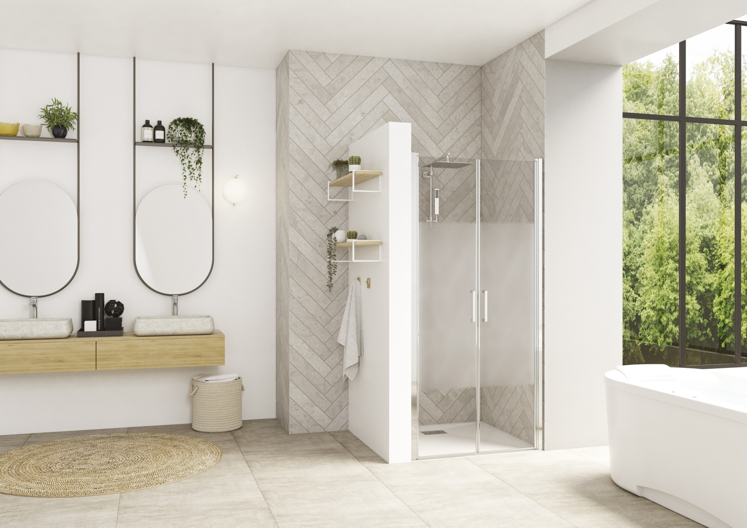Porte de douche Smart Design 2P pivotante sans seuil accès de face - Profil chromé verre sérigraphié Kinedo