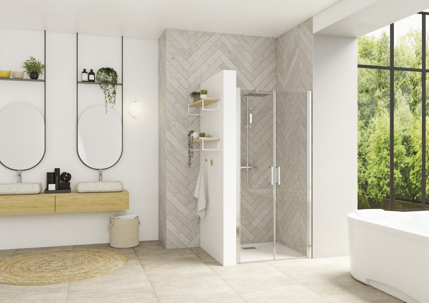 Porte de douche Smart Design 2P pivotante sans seuil accès de face - Profil chromé verre transparent Kinedo