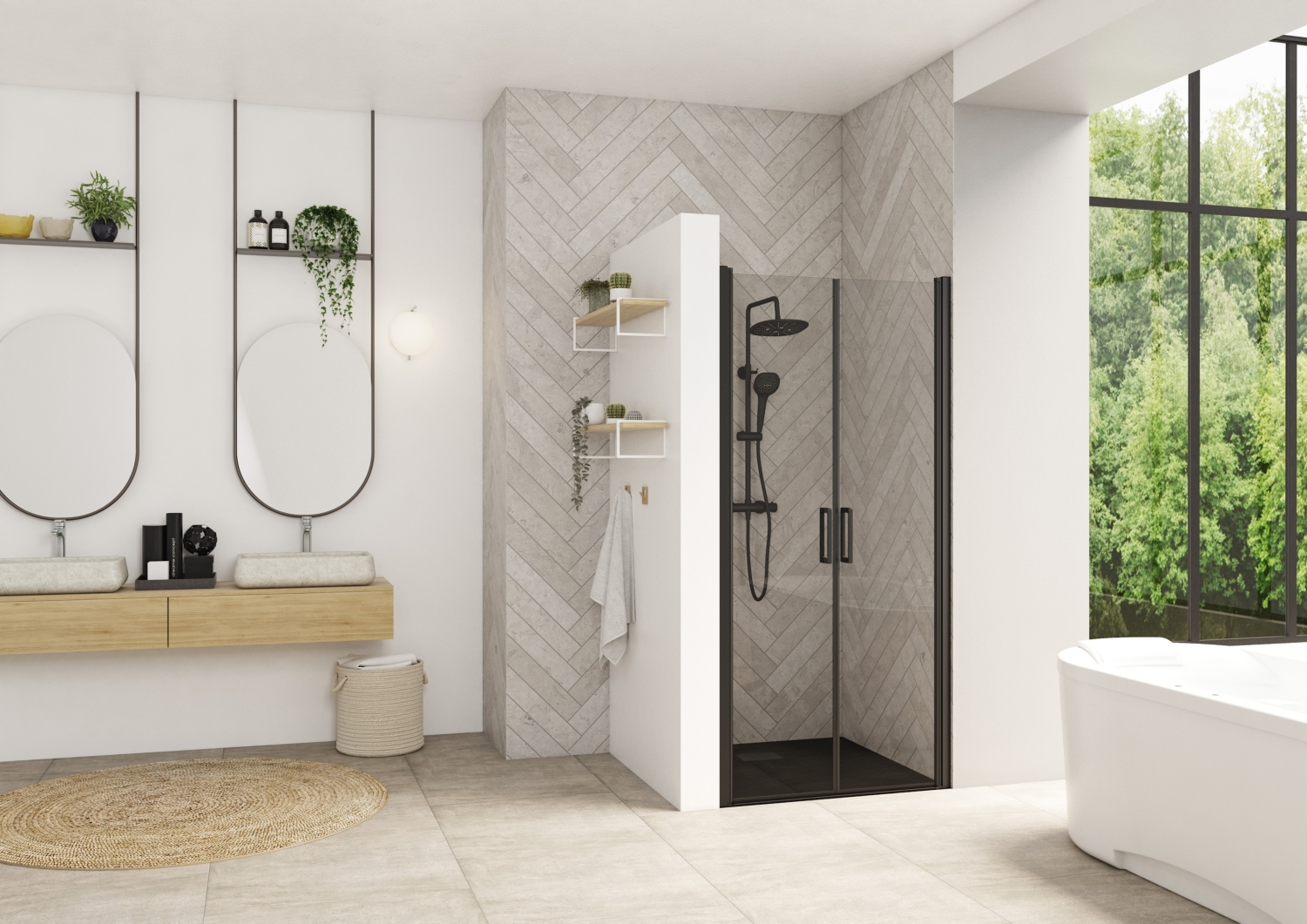 Porte de douche Smart Design 2P pivotante sans seuil accès de face - Profil gris noir verre transparent Kinedo