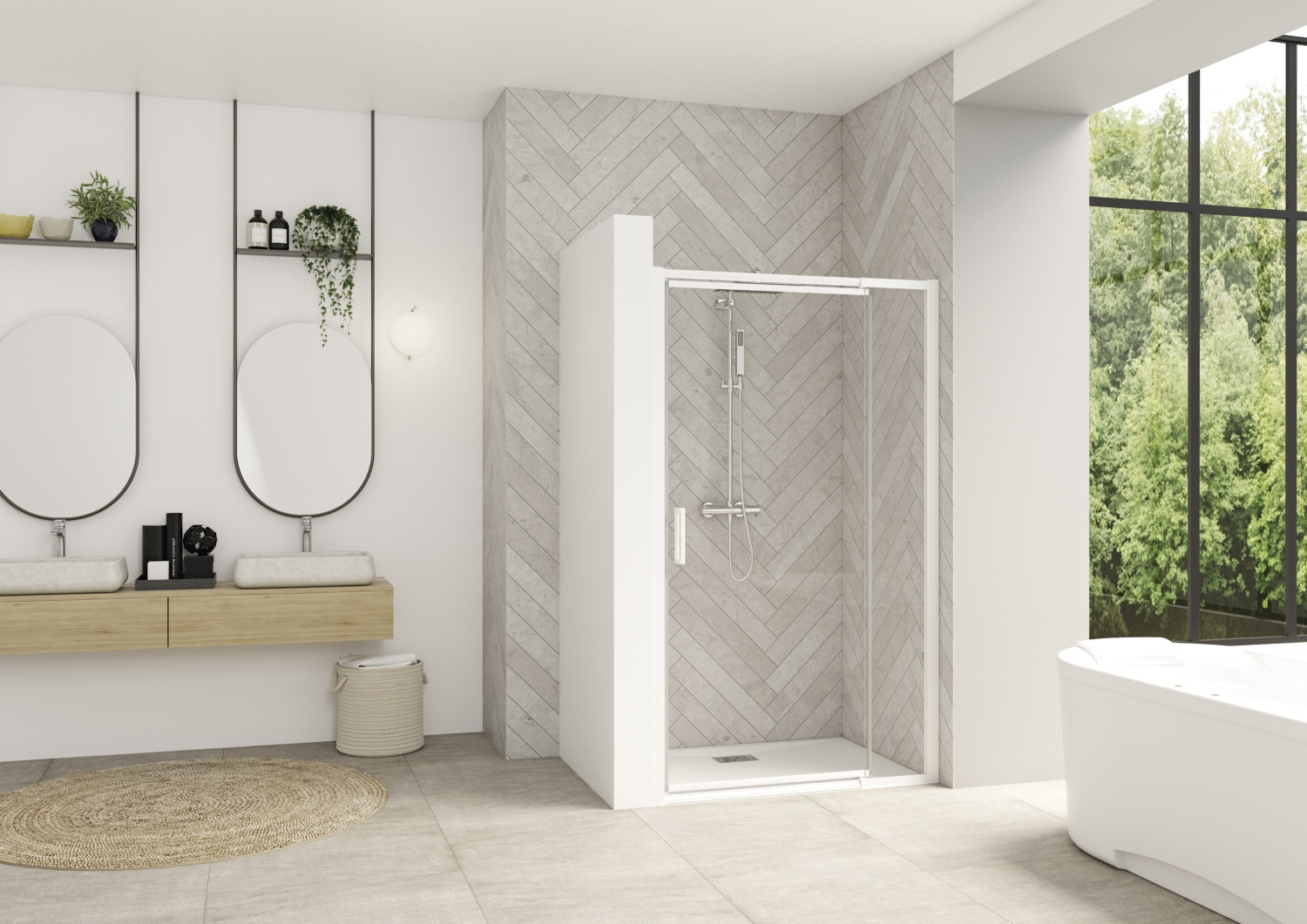 Porte de douche Smart Design P extensible pivotante accès de face - Profil blanc verre transparent