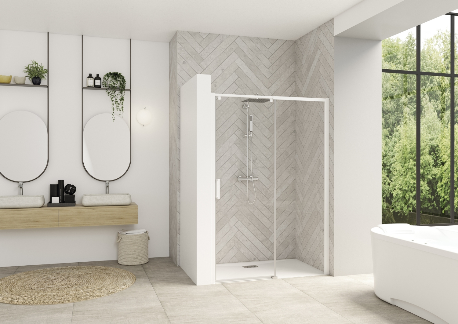 Porte de douche Smart Design C extensible coulissante à gauche sans seuil accès de face - Profil blanc verre transparent