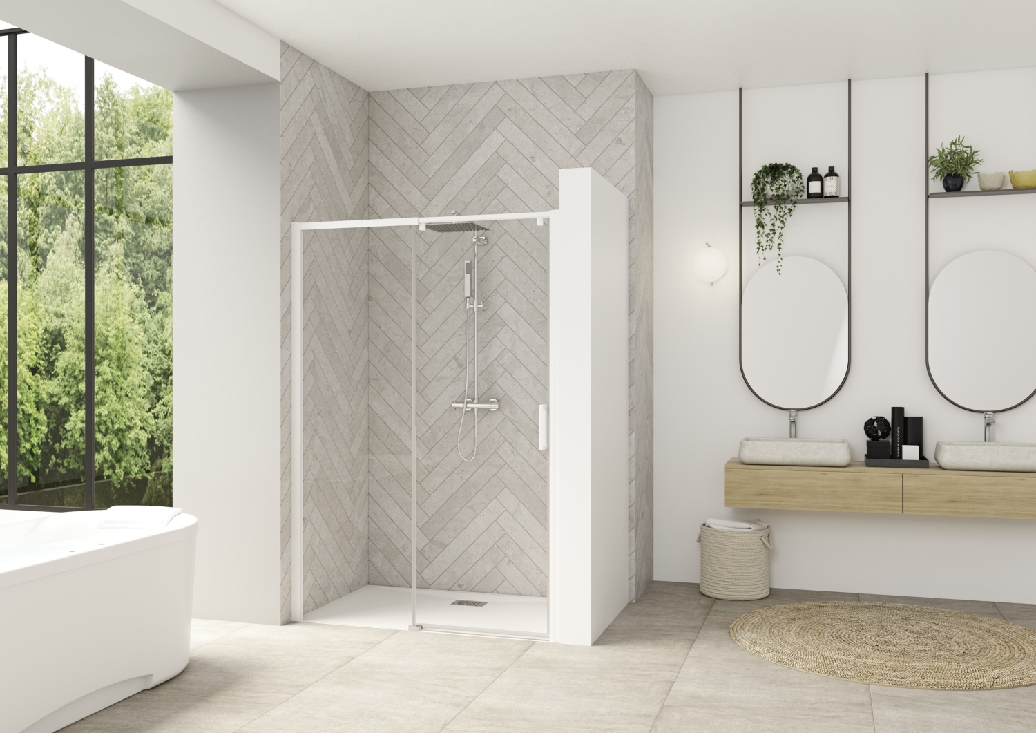 Porte de douche Smart Design C extensible coulissante à droite sans seuil accès de face - Profil blanc verre transparent